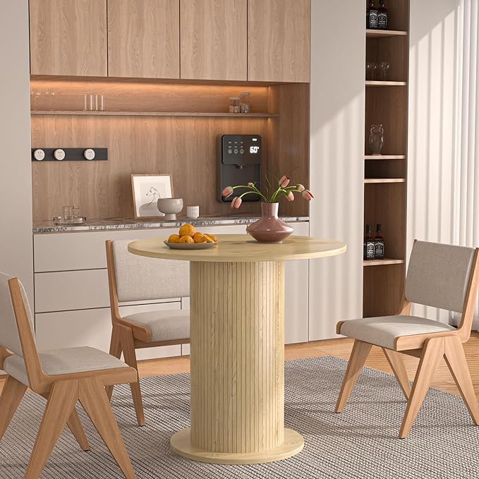 31.5 inch Round Dining Table for 2, Modern Farmhouse Kitchen Table, Small Circle Dining Tables with Wood Strip Base for Kitchen Living Room (Natural)