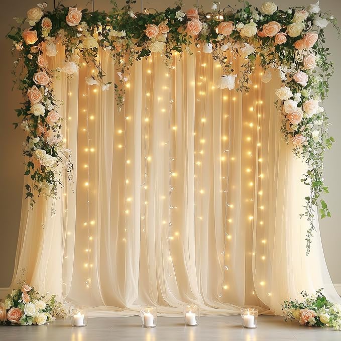Fomcet Tulle Backdrop Curtains with Lights String 10FT X 8FT Champagne Sheer Curtain with Lights Tulle Curtains Backdrop for Wedding Birthday Party Photo Shoot (2 Panels 5x8FT)