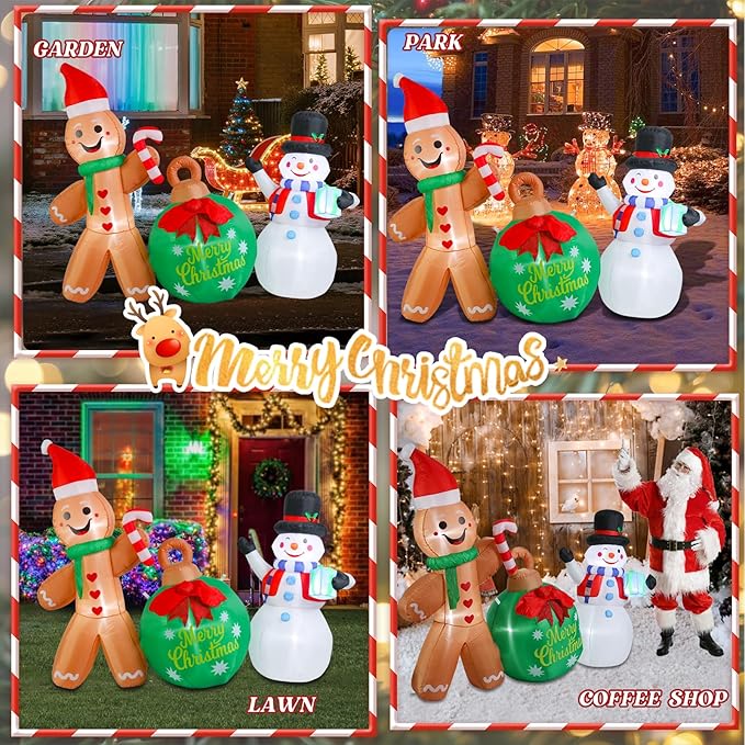 Bshine Christmas Inflatable Outdoor Decorations, 5.9FT Cute Gingerbread Man Snowman Celebration Sign Blow Up Yard Decor with LED Lighted for Holiday Xmas Outdoor Indoor Home Garden Lawn Decorations