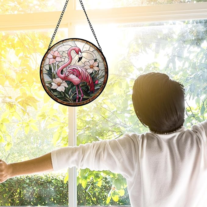 Stained Glass Window Hanging, Flamingo Flower Sun Catchers Diamond Glass Panel Hangings Pink Suncatcher Decor for Birthday for Women, Men, Wife, Aunt, and Mom 6.3 in