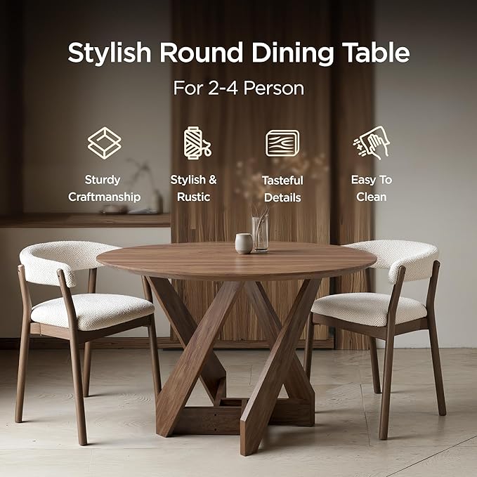 Acanva 47" Small Round Dining Table for 4 Person, MDF Top and Sturdy Wood Base Structure, Modern Design for Kitchen, Compact Space & Apartment, Walnut Brown