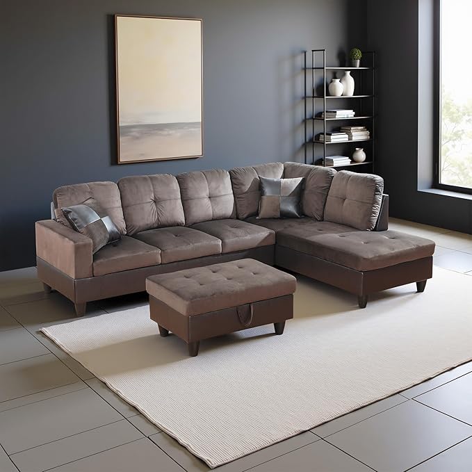 Couches for Living Room Comfy Flannel Fabric 3 Pieces Sectional Sofa with Chaise, Ottoman with Storage for Office and Small Apartment, Dark Brown