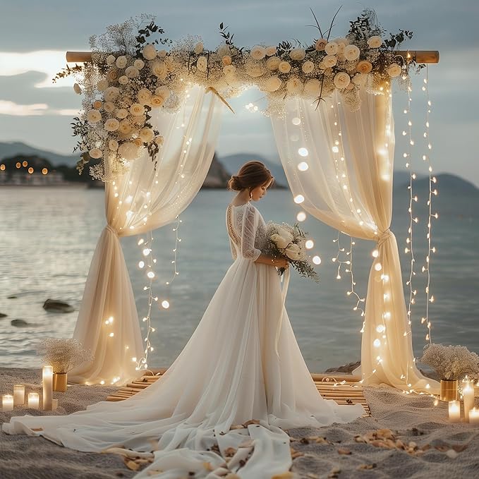 Fomcet Tulle Backdrop Curtains with Lights String 10FT X 8FT Champagne Sheer Curtain with Lights Tulle Curtains Backdrop for Wedding Birthday Party Photo Shoot (2 Panels 5x8FT)
