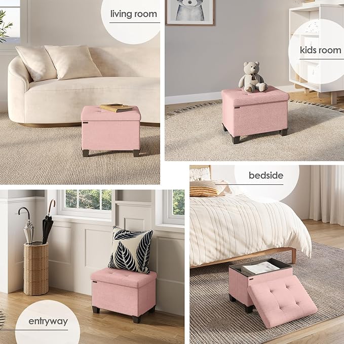 STORAGEBUD Storage Ottoman Cube with Small Bin, 16-in Square Ottoman with Storage for Living Room and Bedroom, Small Ottomans Foot Rest, Fabric Foot Stools Ottomans Max 330lbs, Pink