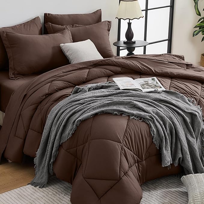 HEVUMYI Brown Twin Comforter Set - 5-Piece All Season Bed in a Bag Twin, Ultra Soft Bedding Set with Comforter, Flat Sheet, Fitted Sheet, Pillowcases, Pillow Shams
