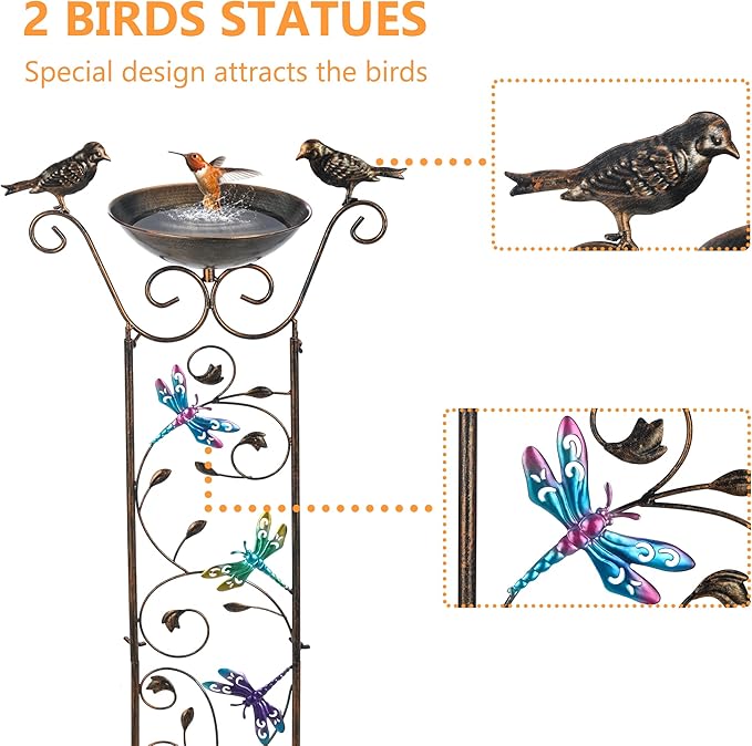 LEWIS&WAYNE Garden Trellis Bird Bath Outdoor, 40 Inch Antique Iron Garden Plant Trellis Decorative with Dragonfly and Detachable Drinking Basin Bowl, Free Standing BirdBath Birdfeeder Station