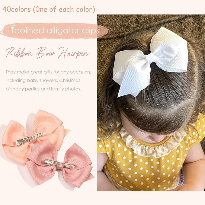 4 inch Hair Bow for Girls in 40 Colors, Grosgrain Ribbon PIgtail bows Alligator Hair Clips for Baby Girls Toddlers and Schoolgirls