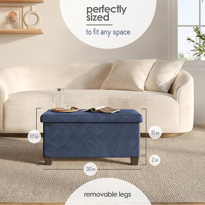 STORAGEBUD Storage Ottoman Bench with Bins, 30-in Storage Bench for Bedroom End of Bed, Folding Foot Rest Ottoman for Living Room Max 660lbs, Faux Leather Ottomans, Blue