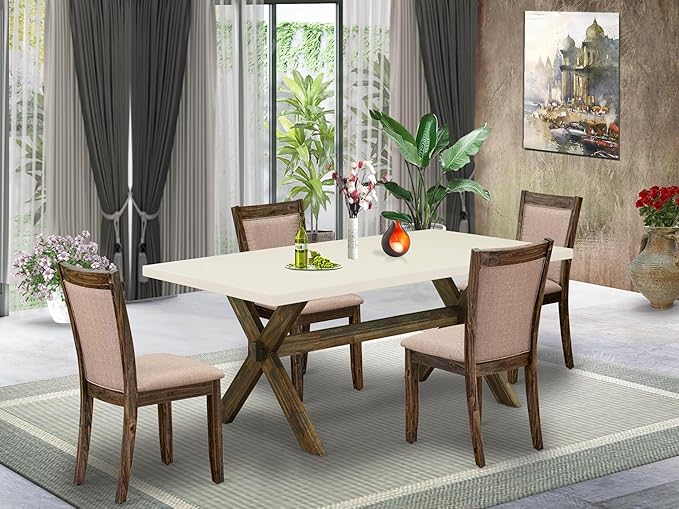 East West Furniture X727MZ716-5 5 Piece Modern Dining Table Set Includes a Rectangle Wooden Table with X-Legs and 4 Dark Khaki Linen Fabric Parson Dining Chairs, 40x72 Inch, Multi-Color