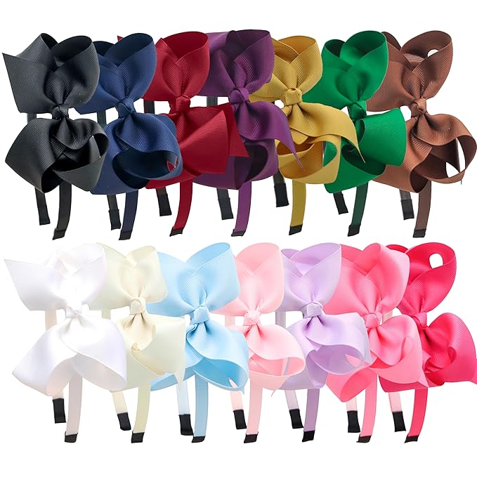 XIMA 14pcs Bows Headbands for Girls,4.5inch Baby Girls Ribbon Hair Bows Headband with Teeth for 4-12years Kids Children Teens Hair Bands Accessories