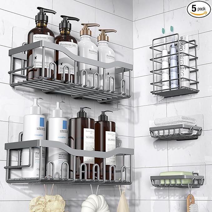 EUDELE 5-Pack Rustproof Stainless Steel Shower Caddy – No Drill Adhesive
