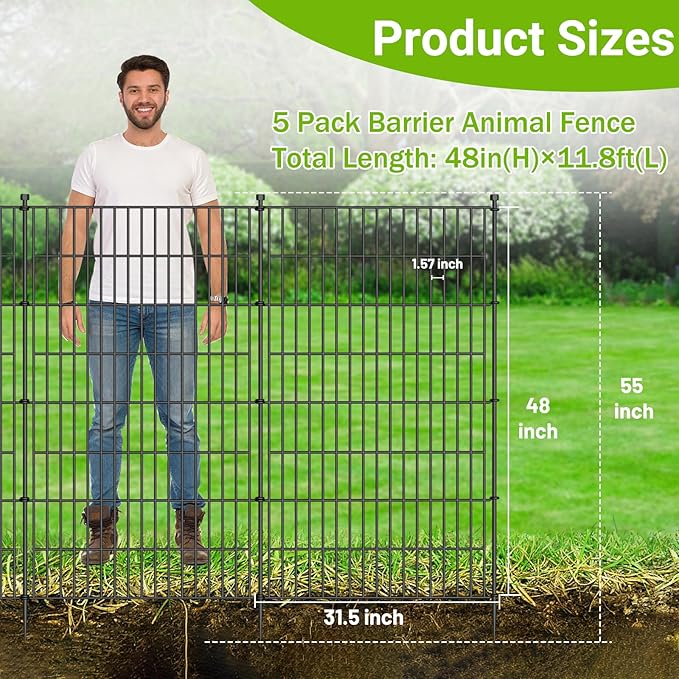 5 Panels No Dig Decorative Outdoor Garden Fence for Yard, 48 in(H) X 13.13 ft(L) Animal Barrier Fencing Rustproof Metal Wire Panel Border for Dog, Rabbits, and Patio Temporary Ground Stakes
