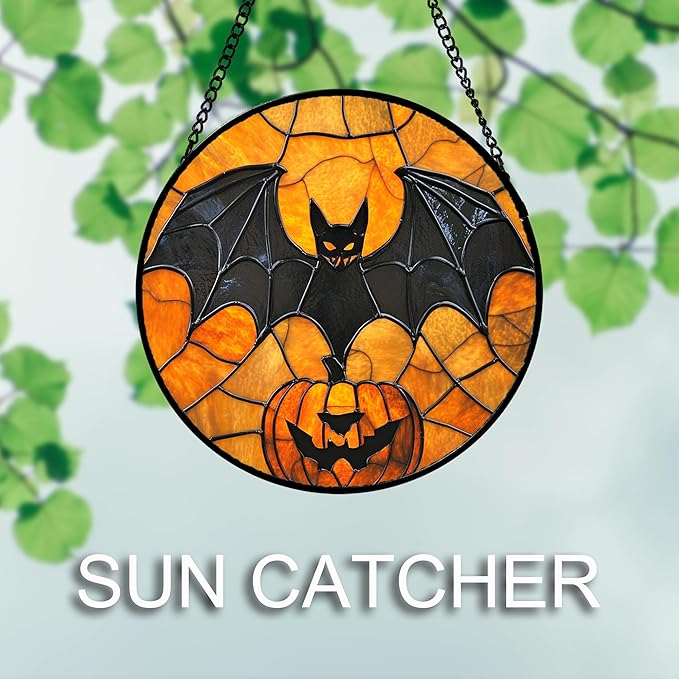 Stained Glass Window Hanging 4 Pcs Set Ghost Pumpkin bat Gothic Decor 9.8" - Horror Halloween Suncatcher Door Garden Sun Catcher Birthday White Elephant Gifts for Mom Woman Men Friend