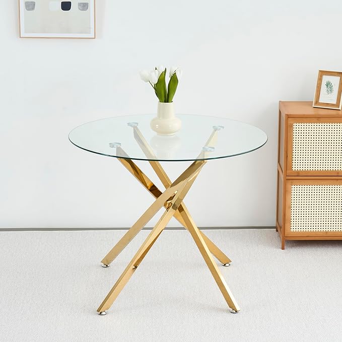 36" Round Glass Dining Table Modern Kitchen Glass Top Table for 4 with Gold Chrome Metal Legs, Clear Dining Table Kitchen Table for Home Office Dining Room