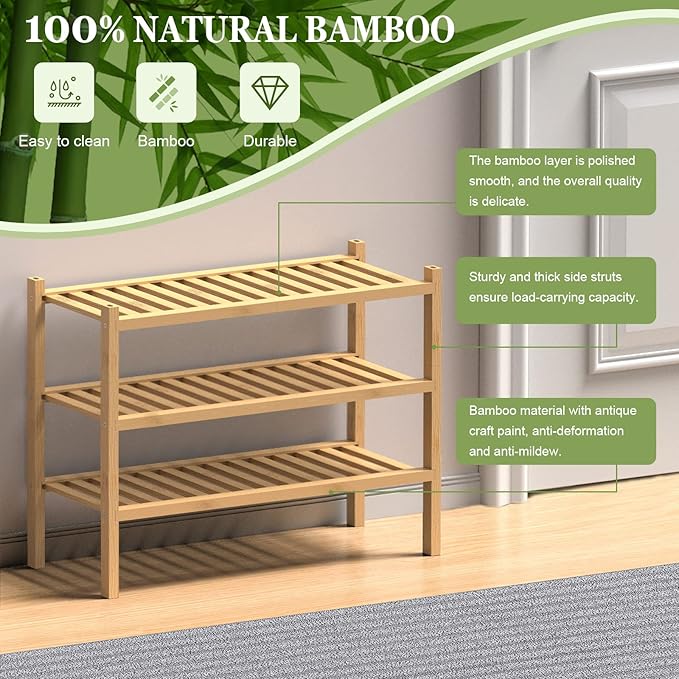 (Thick Bamboo Shoe Rack for Entryway, 3-Tier Free Standing Shoe Racks Stackable Shoe Rack Organizer for Hallway Closet Living Room 27 x12 x21 Inches