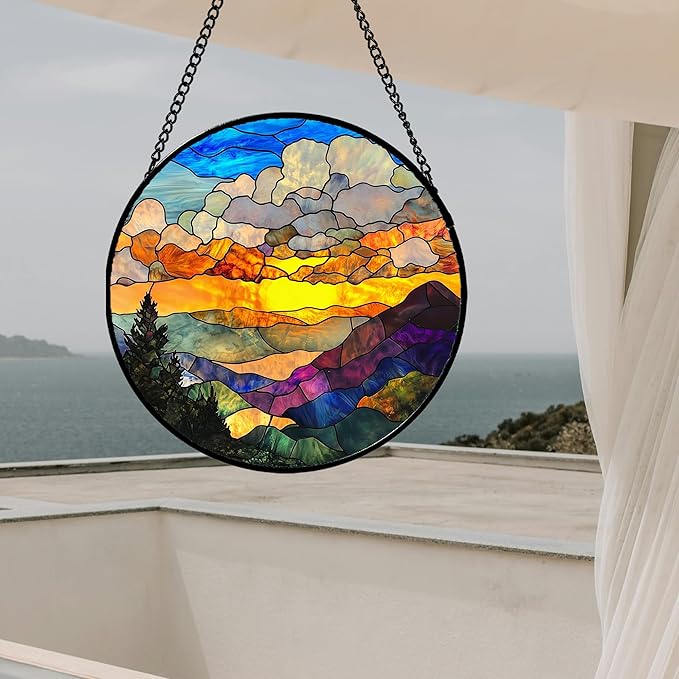 Stained Glass Window Hanging, Abstract Clouds Mountains Landscape Suncatcher for Doors Window Home Sun Catchers Decor Mother's Day Birthday Gifts for Women, Men Mom 6.3 in