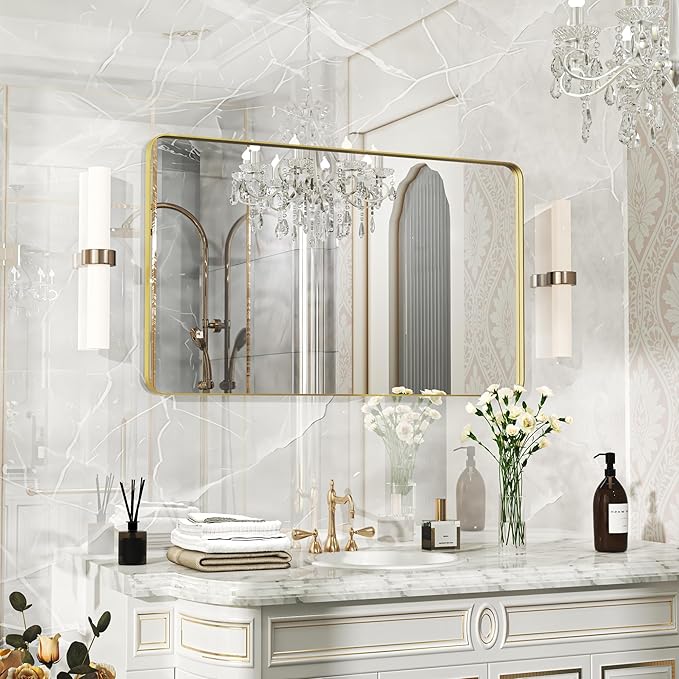 40×24 Gold Bathroom Mirror, Rectangular Bathroom Vanity Mirror for Wall with Rounded Corners & Aluminum Alloy Frame, Tempered-Glass, Modern, Farmhouse, Horizontal/Vertical, Entryway, Bedroom