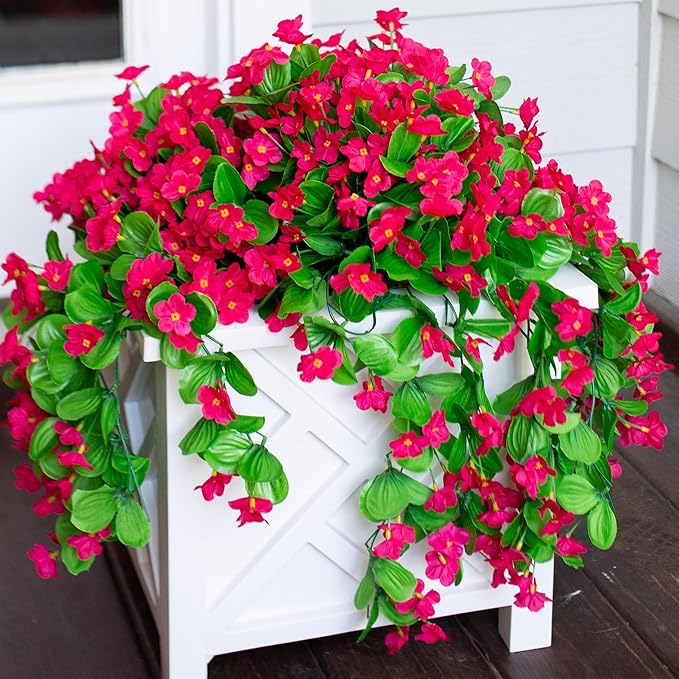 Artificial Faux Hanging Flowers Plants for Outdoor Outside Fall Decoration, 2 PCS Fake Silk Hotpink Daisy Mums Long Vines UV Resistant Realistic for Home Porch Patio Balcony Window Planter Pot