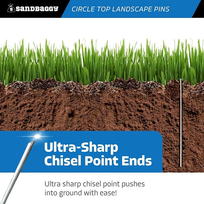 Sandbaggy 12-inch Circle Top Pins - Landscape Staples (Galvanized) - Garden Stakes for Landscaping, SOD - Heavy Duty Ground Stakes, Lawn Turf Spikes, Christmas Decorations, Weed Mats (50 Pins)