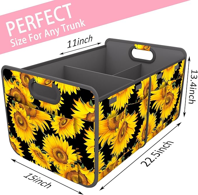 Homeve Trunk Organizer, Car Storage, Reinforced Handles, Collapsible Multi-Compartment, Foldable, Waterproof, Sturdy, 600D Oxford Polyester For Car, SUV, Mini-Van, Sunflower, 2 Compart