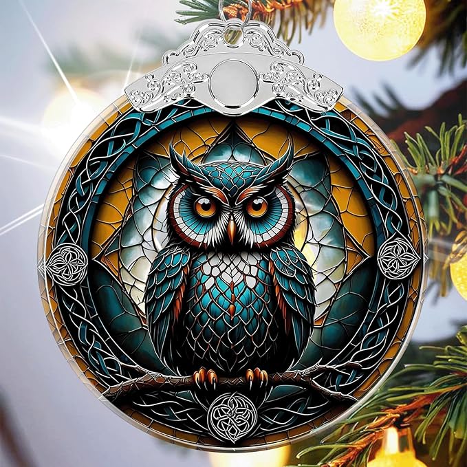 Owl Stained Glass Ornament - Hanging Ornaments for Christmas Tree, Christmas Ornaments Xmas Decorations, Holiday Keepsake Present Exchange Ideas