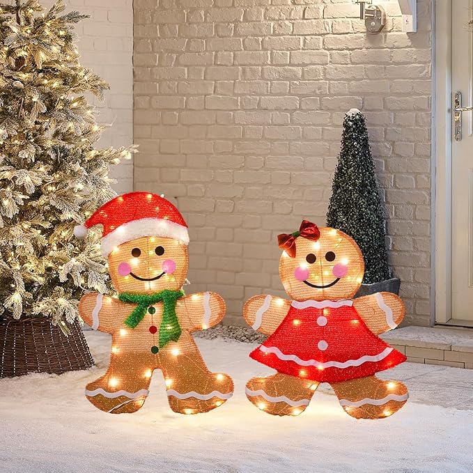 Dazzle Bright Christmas Outdoor Decorations Yard, 2-Piece Lighted 2D Gingerbread Man with 50 L, 23 Inch Pre-Lit Light Up Gingerbread Man, Xmas Festive Holiday Front Garden Patio Yard Lawn Display