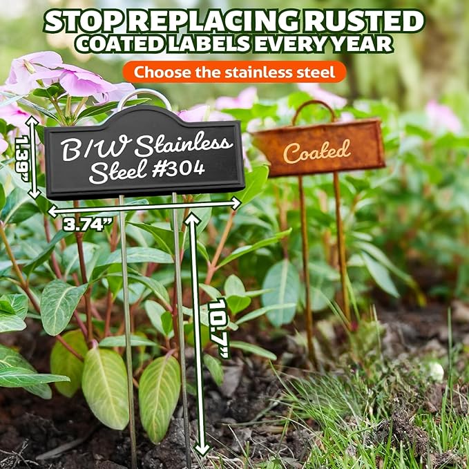 Stainless Steel 304 Plant Labels Weatherproof, Metal Garden Label Tall Markers 25 Pack for Outdoor Plants Vegetables Herb Seedlings Flowers with a Pen, Label Area 3.74'' x 1.39'' Height 10.75 Inch