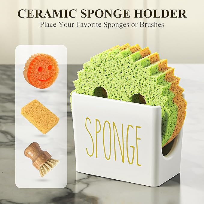 Cisily Kitchen Soap Dispenser Set Comes with Ceramics Sponge Holder, Gold Pumps, and Instant Dry Tray, Hand and Dish Soap Dispenser Set Suitable for Kitchen Decor and Accessories