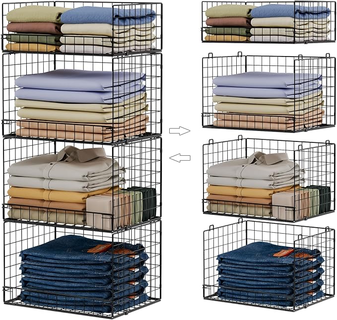 4 Tier Stackable Closet Organizers and Storage Shelves, Foldable Closet Shelf Organizer System, Stackable Storage Bins Drawers for Clothes Organizer System, Black(Patent Pending)