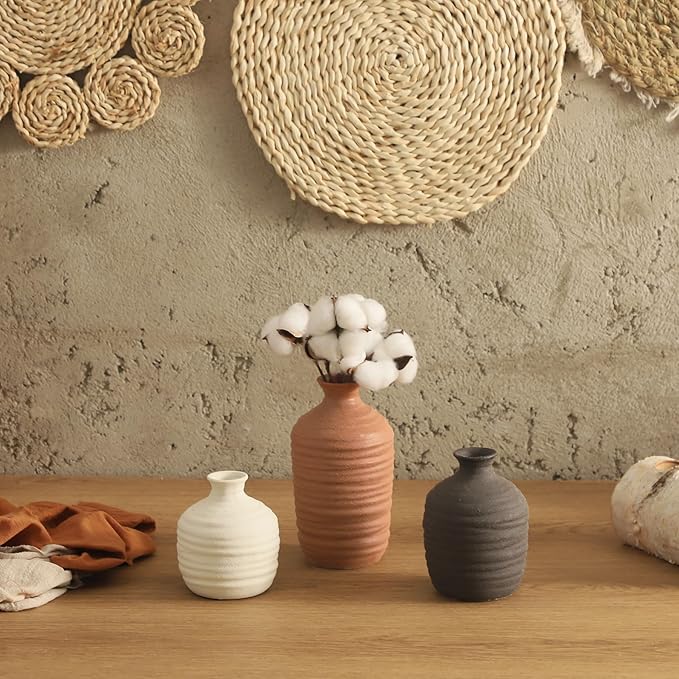 Ceramic Vase Set of 3 Decorative Vase for Home Decor Modern Farmhouse Decor Pottery Neutral Vases for Living Room Bathroom Table Mantel Fireplace Entryway Shelf (02-Brown)