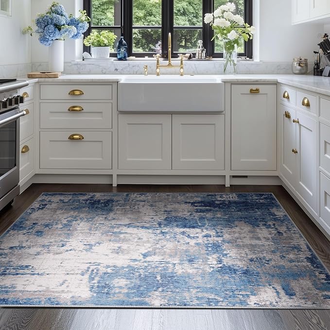 Washable Area Rugs 4'x6' Non-Slip Modern Abstract Soft for Living Room Entryway Bedroom Nursery, Print Pattern, Blue Grey Navy Gray