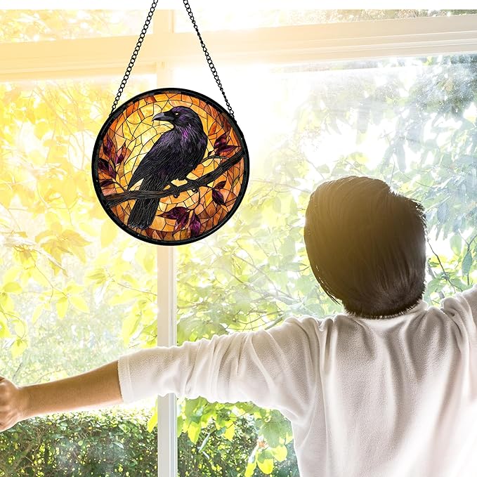 Stained Glass Window Hanging - Crow on a Branch Suncatcher Ready to Hang Window Doors Home Decoration and Christmas, Mother's Day Birthday Gifts for Women, Men, and Mom 6.3x6.3 in
