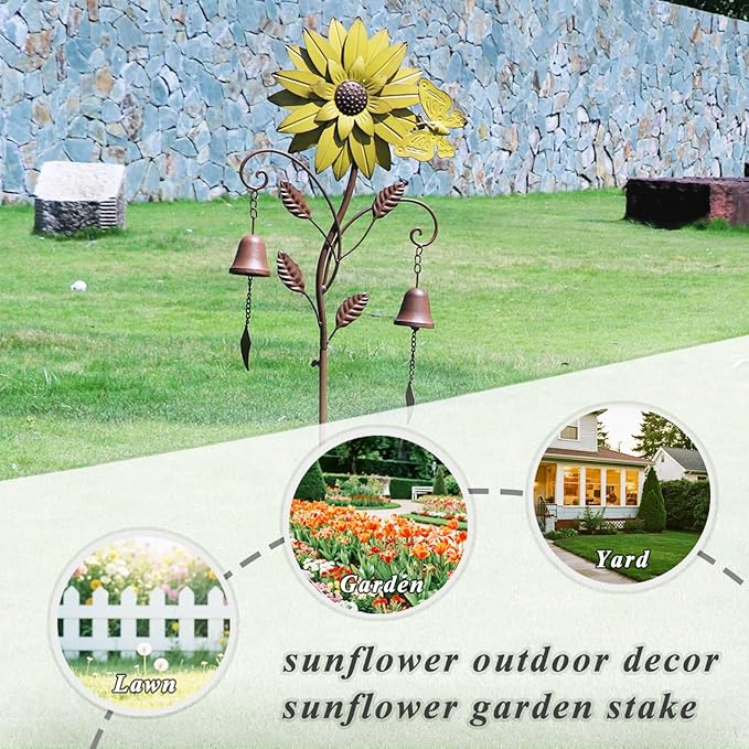 Sunflower Garden Stake with Bells, Decorative Garden Stakes for Garden Yard Patio Decor