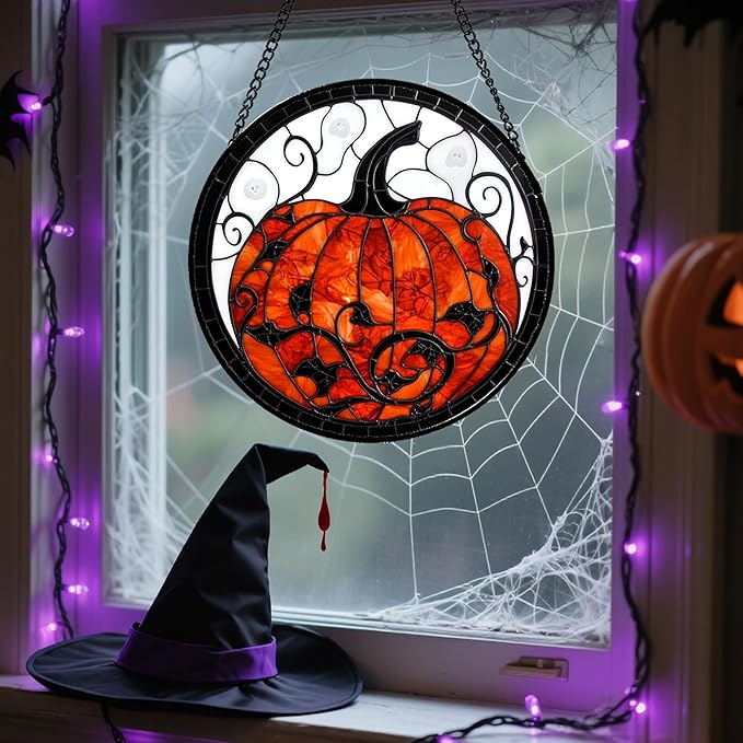 Stained Glass Window Hanging - Halloween Red White Scary Pumpkin Suncatcher for Doors Garden Home Spooky Rattan Sun Catchers Gothic Decor Horror Gifts for Women Men Friend Boy Girl 11.8 in