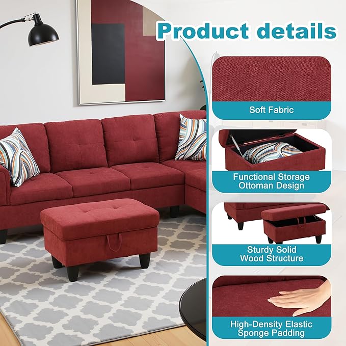 Couches for Living Room Modern L Shaped Couch Comfy Fluffy Fabric 3 Pieces Sectional Sofa with Chaise, Ottoman with Storage for Office and Small Apartment, Red