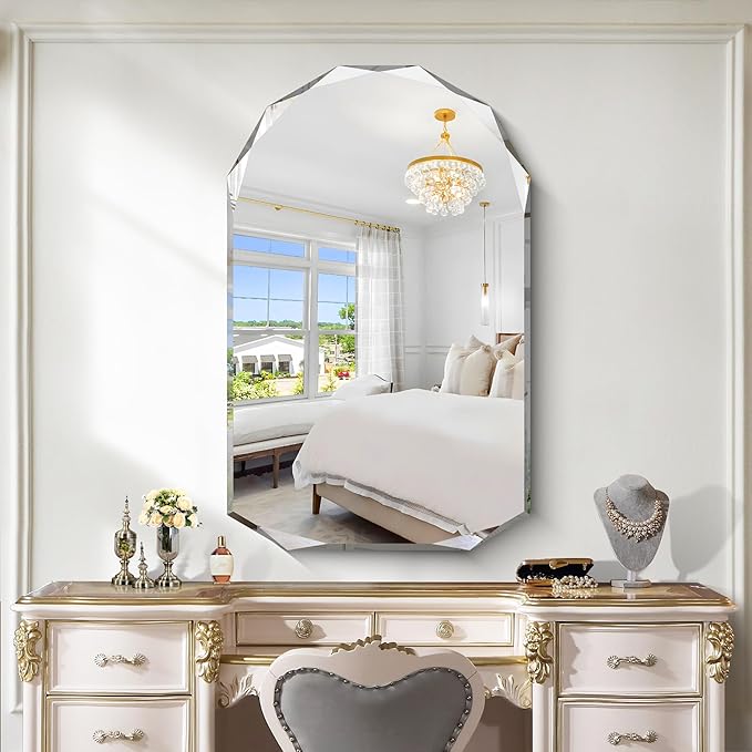 KOCUUY 30"x48" Frameless Mirror, Arched Shape with Diamond-Shaped Beveled Edge,Unframed Decorative with Upgraded Shatterproof Glass,Unique Frameless Mirror for Bathroom,Living Room,Bedroom