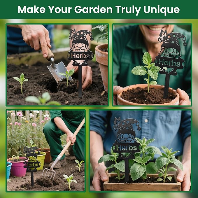 CUTHOLLOW Metal Plant Marker Stake Herbs and Gnome for Outdoor Indoor, Waterproof 11.8 inch Cute Garden Plant Labels Sign Tag for Herb, Farmhouse Greenhouse Decor - Funny Gardening Gifts