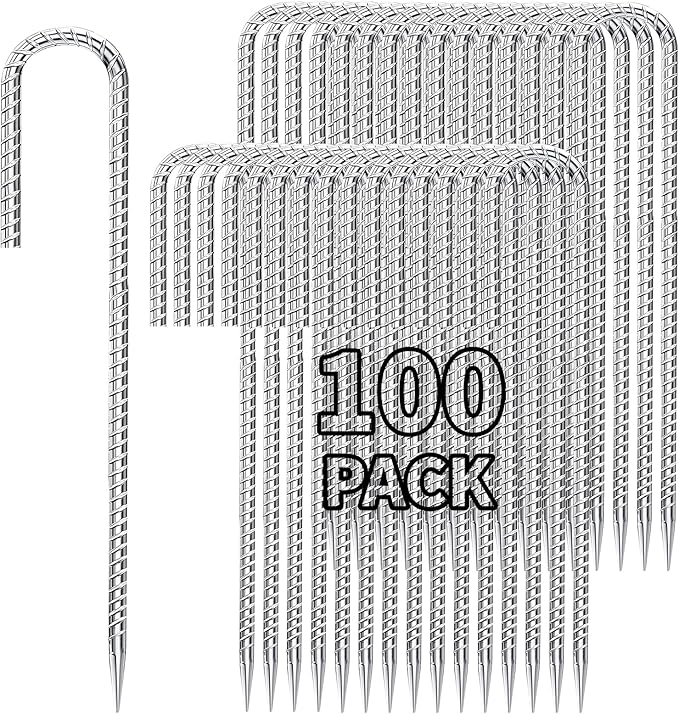 12 inch Stakes Heavy Duty 100-Pack J Hook Metal Fence Stake for Dogs Digging Tent and Outdoor Decorations Inflatables Rebar Metal Spikes for Ground