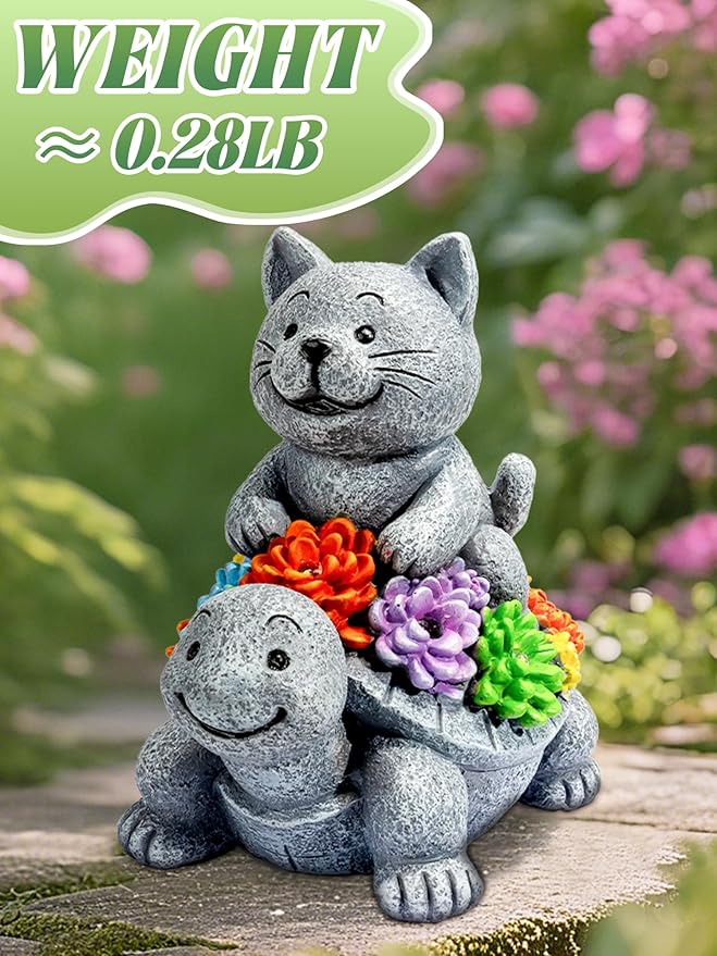 Solar Garden Outdoor Statues Decor, with Cat Turtle Succulent Garden Decor for Home House, Yard Art Lawn, Ornaments, Porch Patio, Balcony - Birthday Gifts for Grandma Mom Women