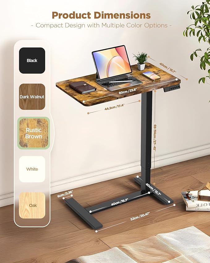 Electric Adjustable Height Standing Desk - Small Sit Stand Portable Rolling Laptop Table with Hidden Wheels, Small Computer Workstation for Bedside & Home Office Use (24"x16",Rustic Brown)