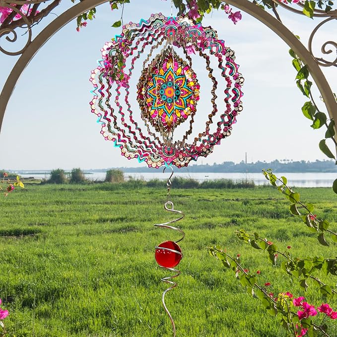 Mandala Blossom Wind Spinner - Metal Wind Spinners | 12inch 3D Kinetic Laser Cut Hanging Wind Sculpture & Wind Catcher | Outdoor Decor for Garden, Patio, Yard Art