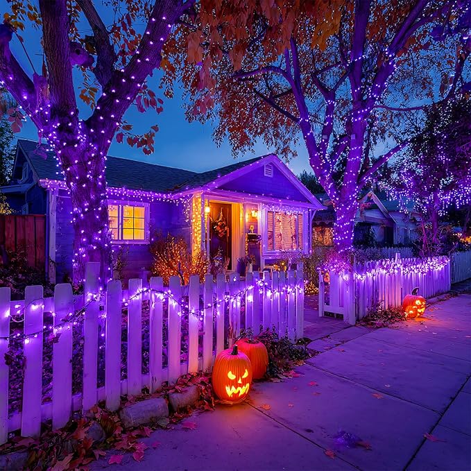 JMEXSUSS 600LED Purple Solar Halloween Lights, 206.7ft Solar String Lights Outdoor Waterproof, 8 Modes Purple Christmas Lights for Outside Yard Patio Tree Garden Xmas Halloween Decor