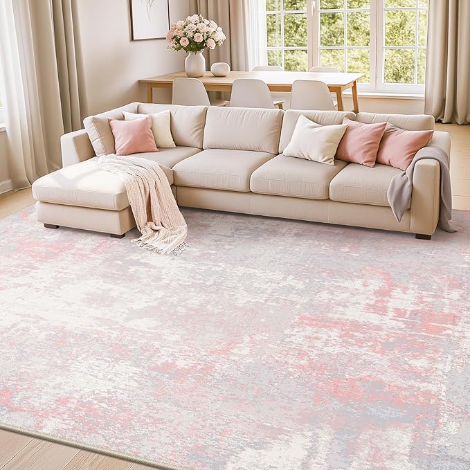 Washable Area Rugs 5'x8' Non-Slip Modern Abstract Soft for Living Room Entryway Bedroom Nursery, Print Pattern, Grey Pink