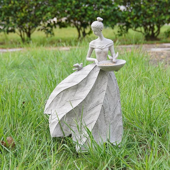 Fairy Garden Statue Bird Feeder - 23-inch Large Sculpture for Outdoors Statues Bird-Bath Yard Decorations Fairy Garden Statue Grey White DiliComing