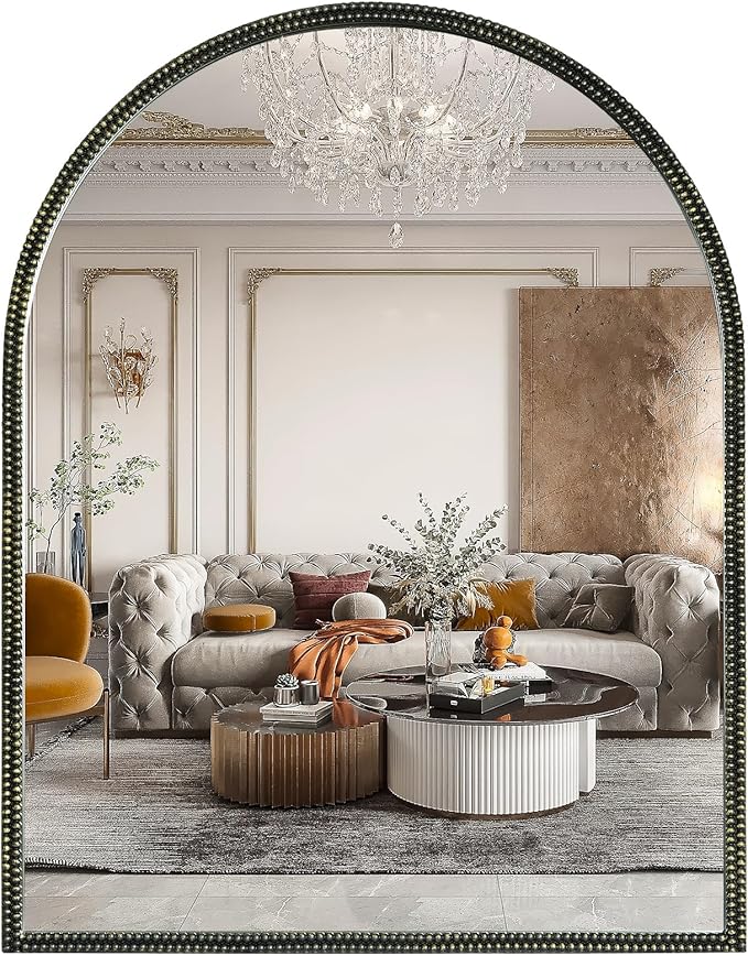 WallBeyond Black Vintage Mirror for Vanity 28x36 Inch, Gold Antique Mirror with Ornate Beaded Frame for Bathroom, Living Room, Fireplace, Entryway