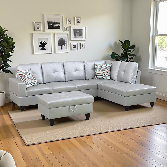 Couches for Living Room PU Leather L Shaped Couch Comfy 3 Pieces Sectional Sofa with Chaise, Ottoman with Storage for Office and Small Apartment, Silver
