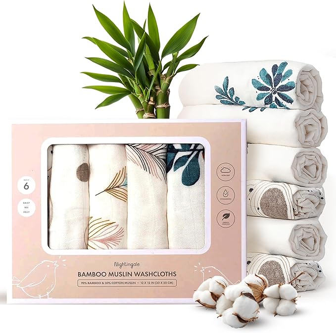 Nightingale Baby Washcloths, Rayon from Bamboo Baby Clothes Organic Wash Cloths with Cotton, Newborn Bath Essentials, Burping Cloths for Babies, Face Towels Reusable 12"x12" (Feather) 6 Pack