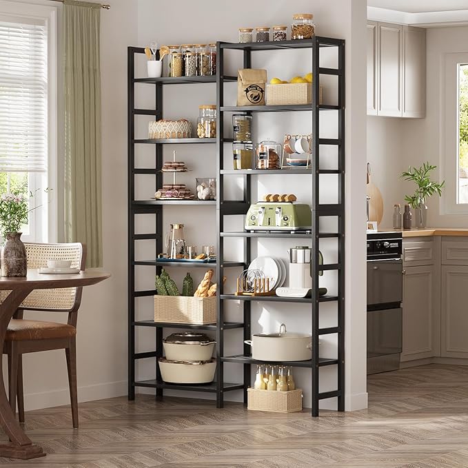 Homykic Double Wide Bamboo Bookshelf Black, 6-Tier Large Open Bookcase with 12 Display Shelves, 6ft Tall Freestanding Book Shelf for Home Office, Bedroom, Living Room, Plants