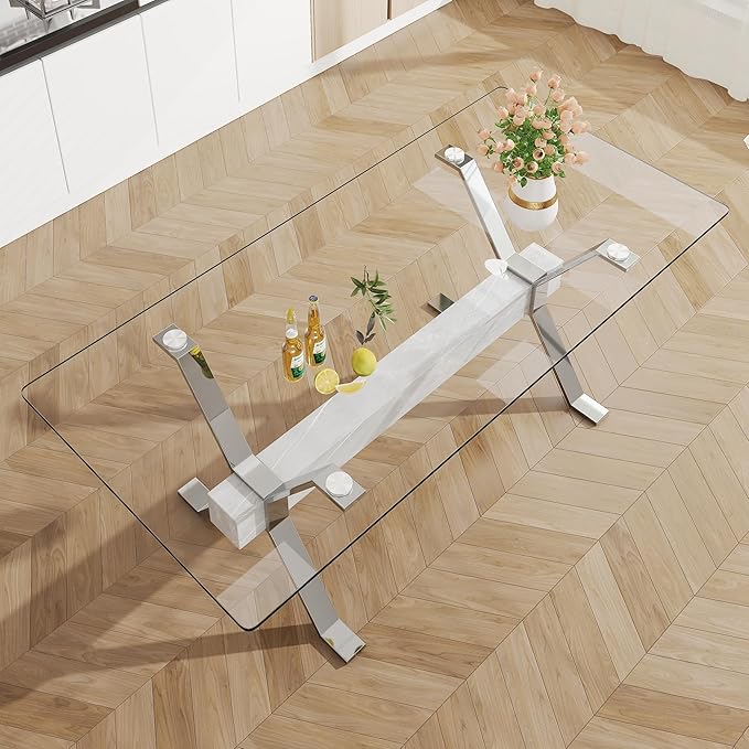 Modern Rectangular Glass Dining Table for 6-8 with Tempered Glass Tabletop and Silver Plated Metal Legs for Kitchen Dining Room(Silver4)