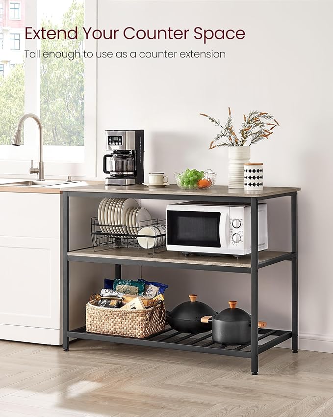 VASAGLE Kitchen Island with 3 Shelves, 47.2 Inches Width Kitchen Shelf with Large Worktop, Stable Steel Structure, Industrial, Easy to Assemble, Greige and Black UKKI001B02